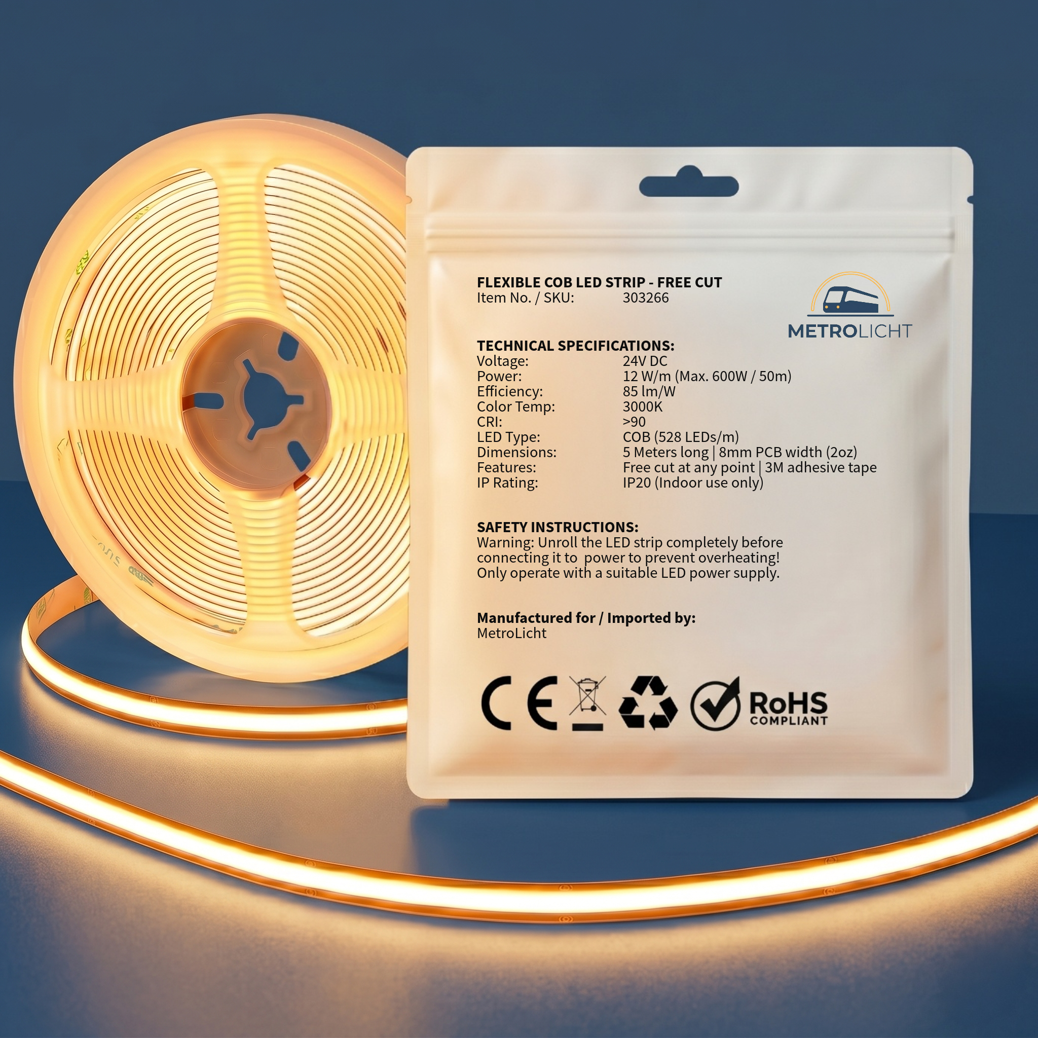 MetroLicht COB LED Streifen 24V | 5m Rolle | Warmweiß 3000K | Free Cut | 12 W/m | 1200 lm/