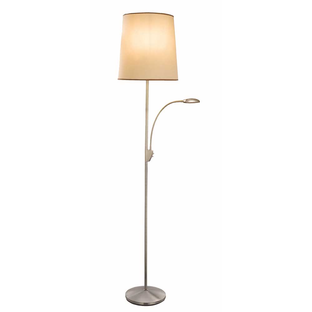 Stehleuchte Hugo E27 mit LED-Leselicht – Mattstahl, 180 cm