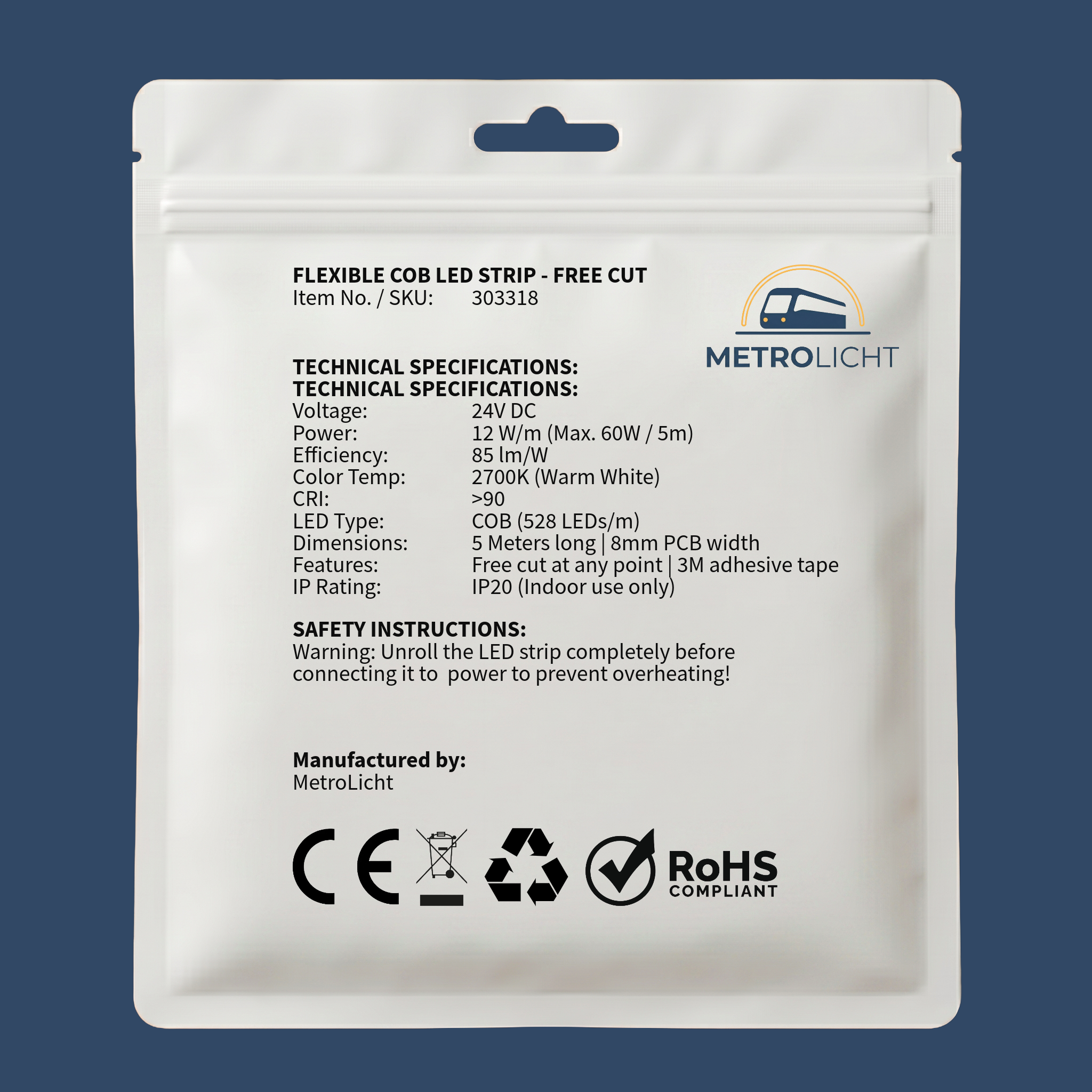 MetroLicht COB LED Streifen 24V | 5m Rolle | Warmweiß 2700K | Free Cut | 12 W/m | 1200 lm/m