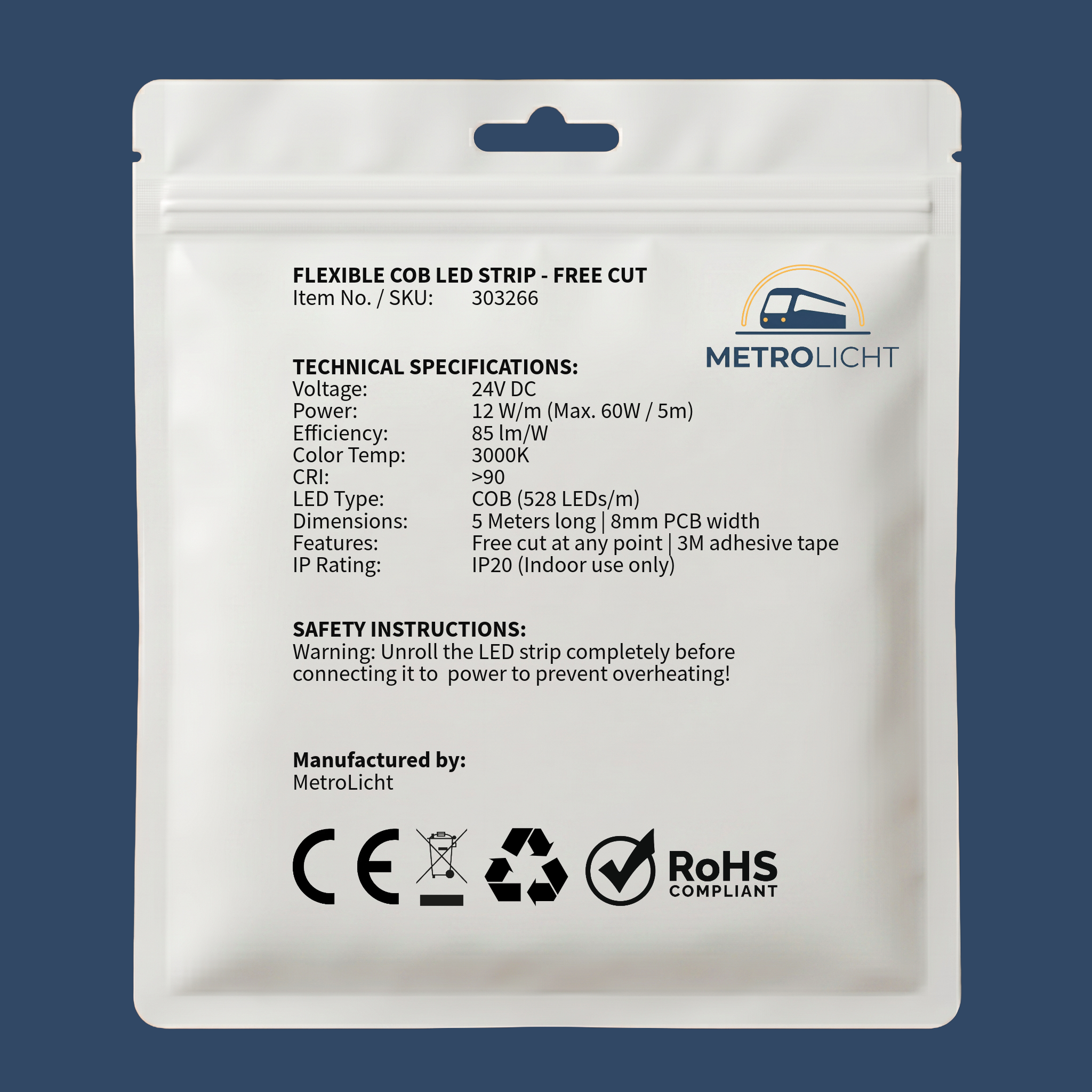 MetroLicht COB LED Streifen 24V | 5m Rolle | Warmweiß 3000K | Free Cut | 12 W/m | 1200 lm/