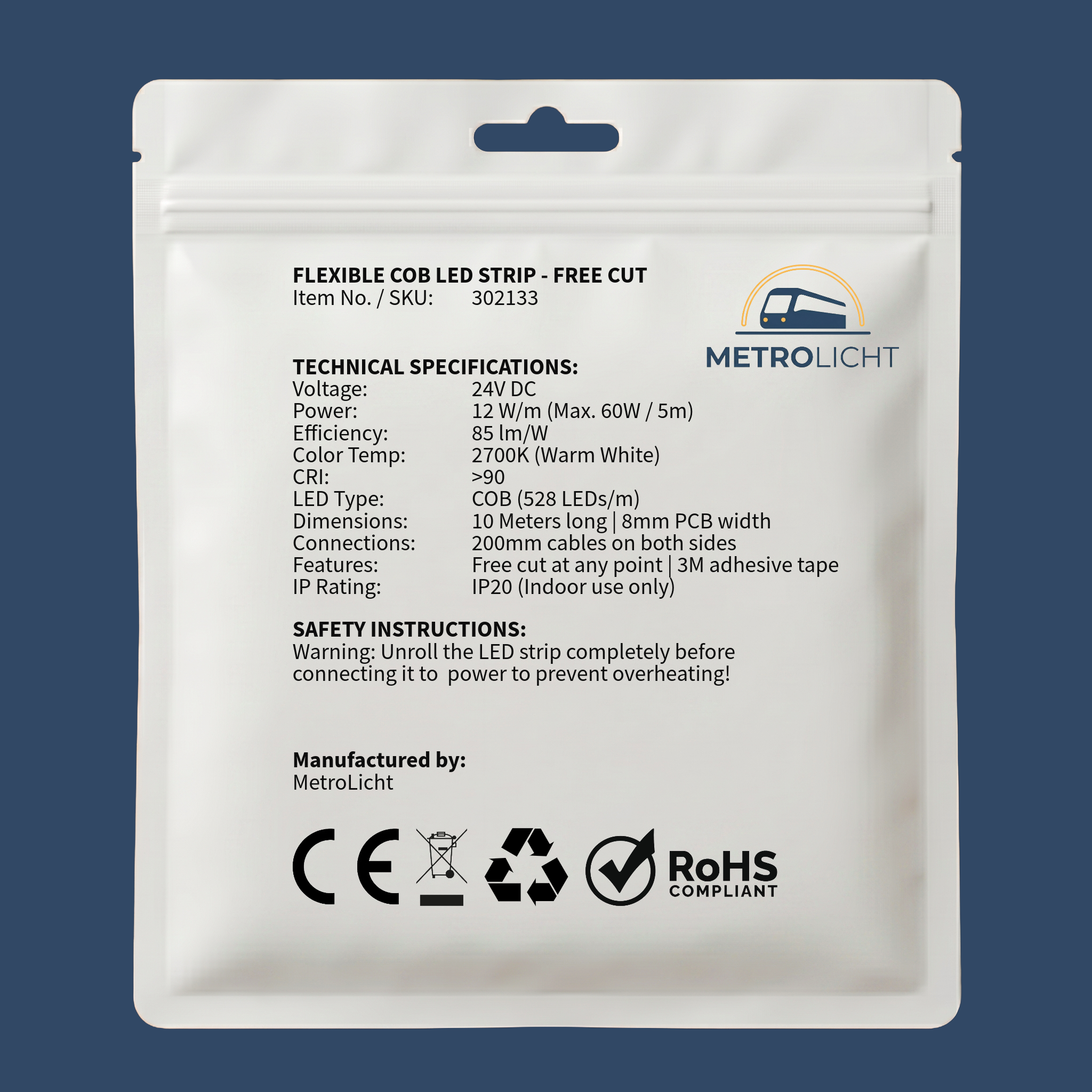 MetroLicht COB LED Streifen 24V | 10m Rolle | Warmweiß 2700K | Free Cut | 12 W/m | 1200 lm/m