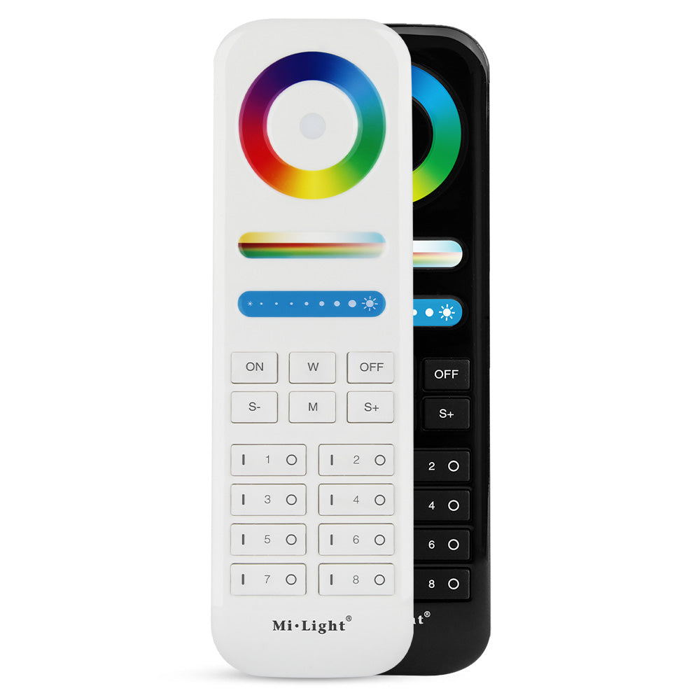 MiBoxer FUT089-B Funkfernbedienung 8 Zonen, RGB+CCT, in Schwarz – weiße und schwarze Ausführung nebeneinander