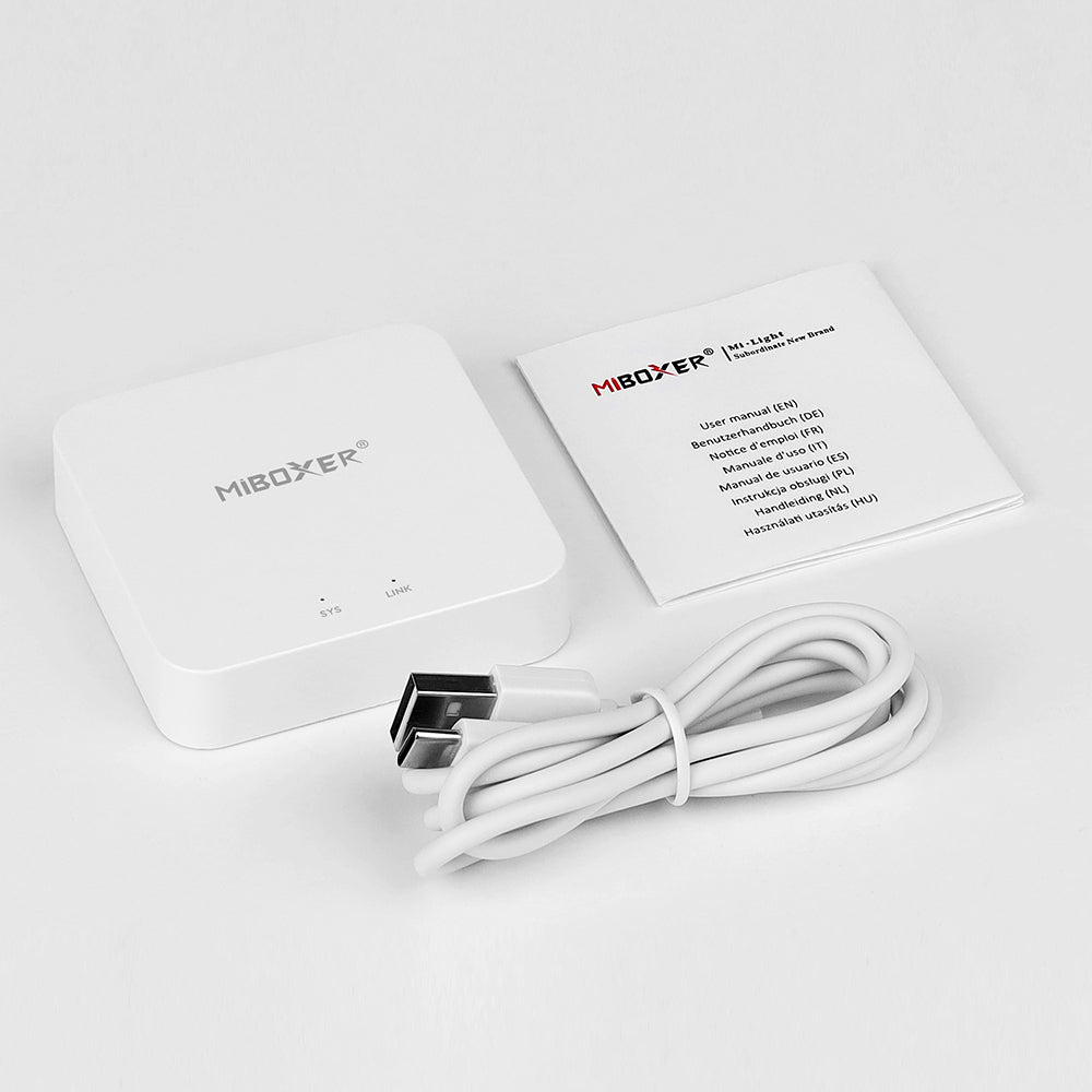 MiBoxer WL-Box2 WLAN-Gateway – Lieferumfang mit USB-Kabel und Anleitung