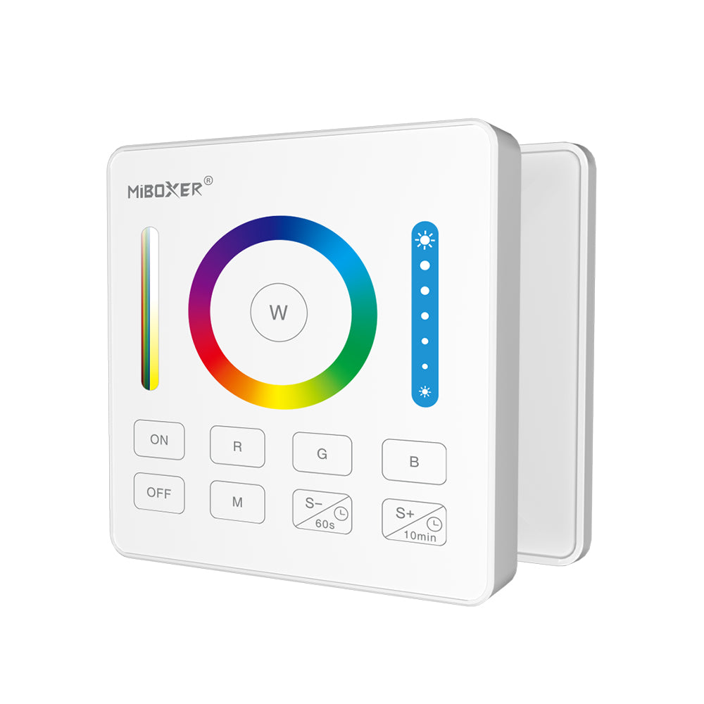 MiBoxer B0 Wand-Funkfernbedienung RGB+CCT in Weiß – Schrägansicht mit Wandhalterung