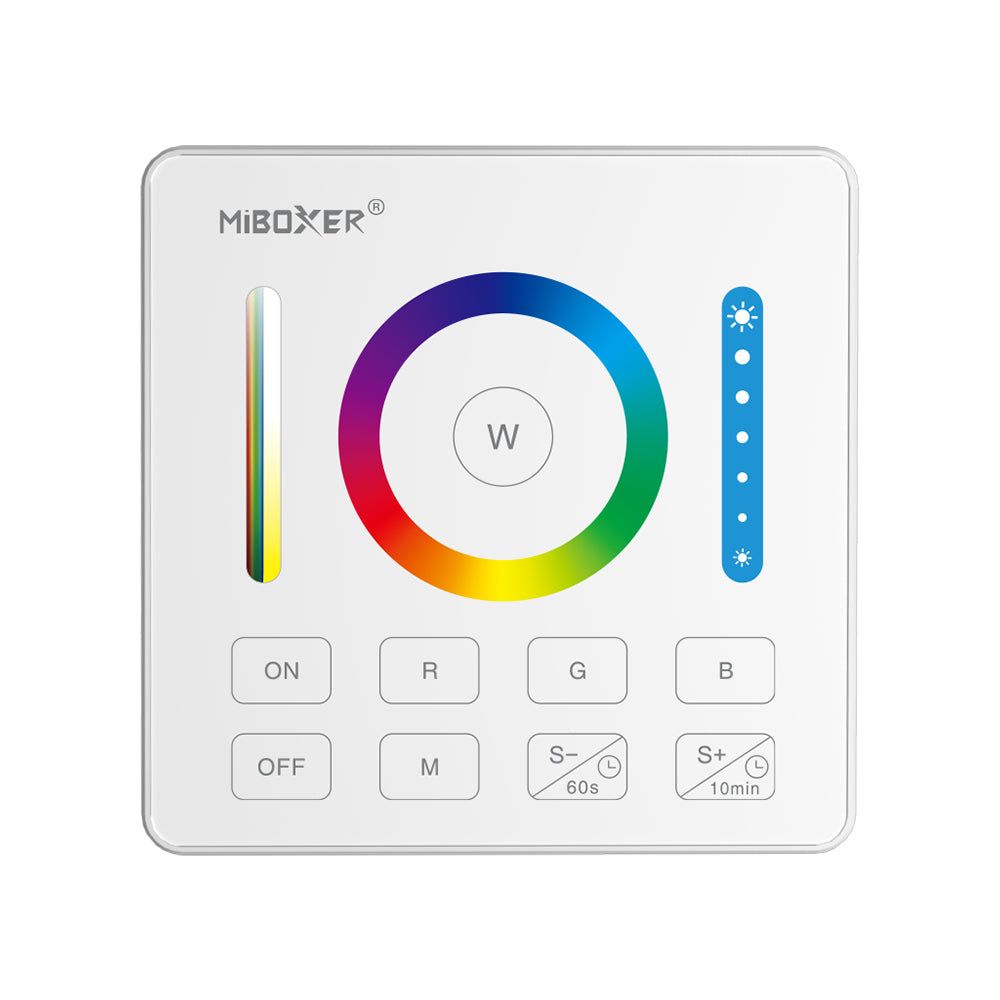 MiBoxer B0 Wand-Funkfernbedienung RGB+CCT in Weiß – Vorderansicht mit Farbring, Weißton- und Helligkeitsleiste