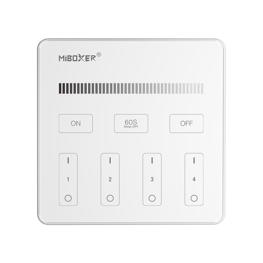 MiBoxer B1 Wand-Funkfernbedienung 4 Zonen, Helligkeit, in Weiß – Vorderansicht mit Helligkeitsleiste und 4 Zonentasten