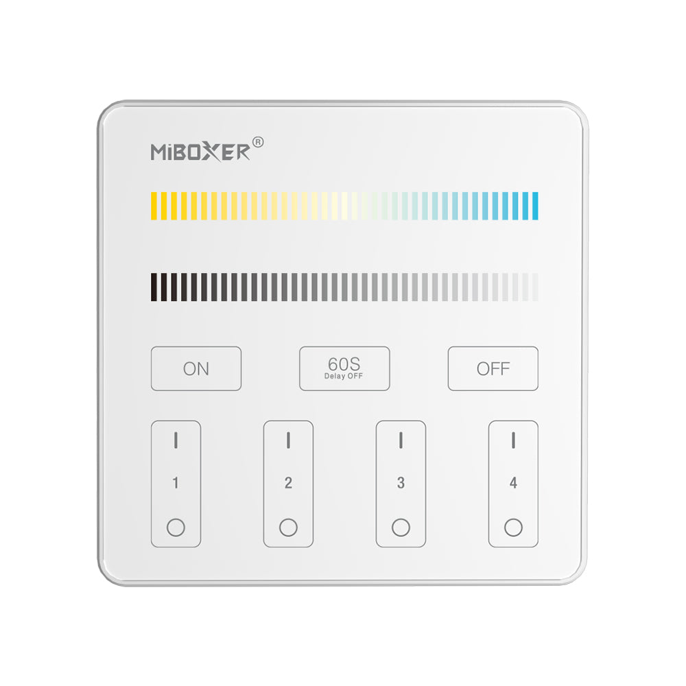 MiBoxer B2 Wand-Funkfernbedienung 4 Zonen, CCT, in Weiß – Vorderansicht mit Weißton- und Helligkeitsleiste