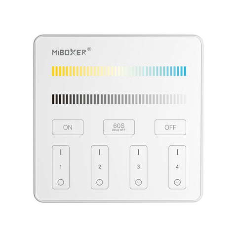 MiBoxer B2 Wand-Funkfernbedienung 4 Zonen, CCT, in Weiß – Vorderansicht mit Weißton- und Helligkeitsleiste