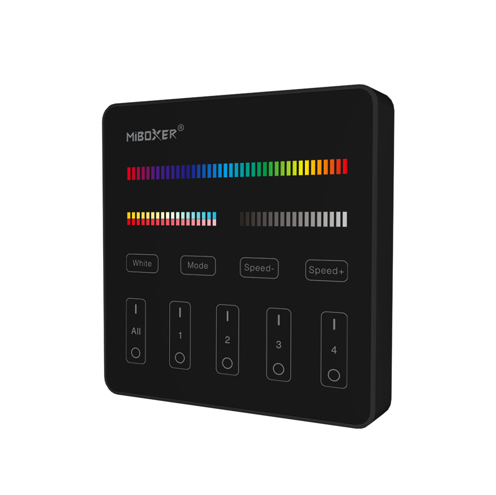 MiBoxer B4-B Wand-Funkfernbedienung 4 Zonen, RGB+CCT, in Schwarz – Schrägansicht