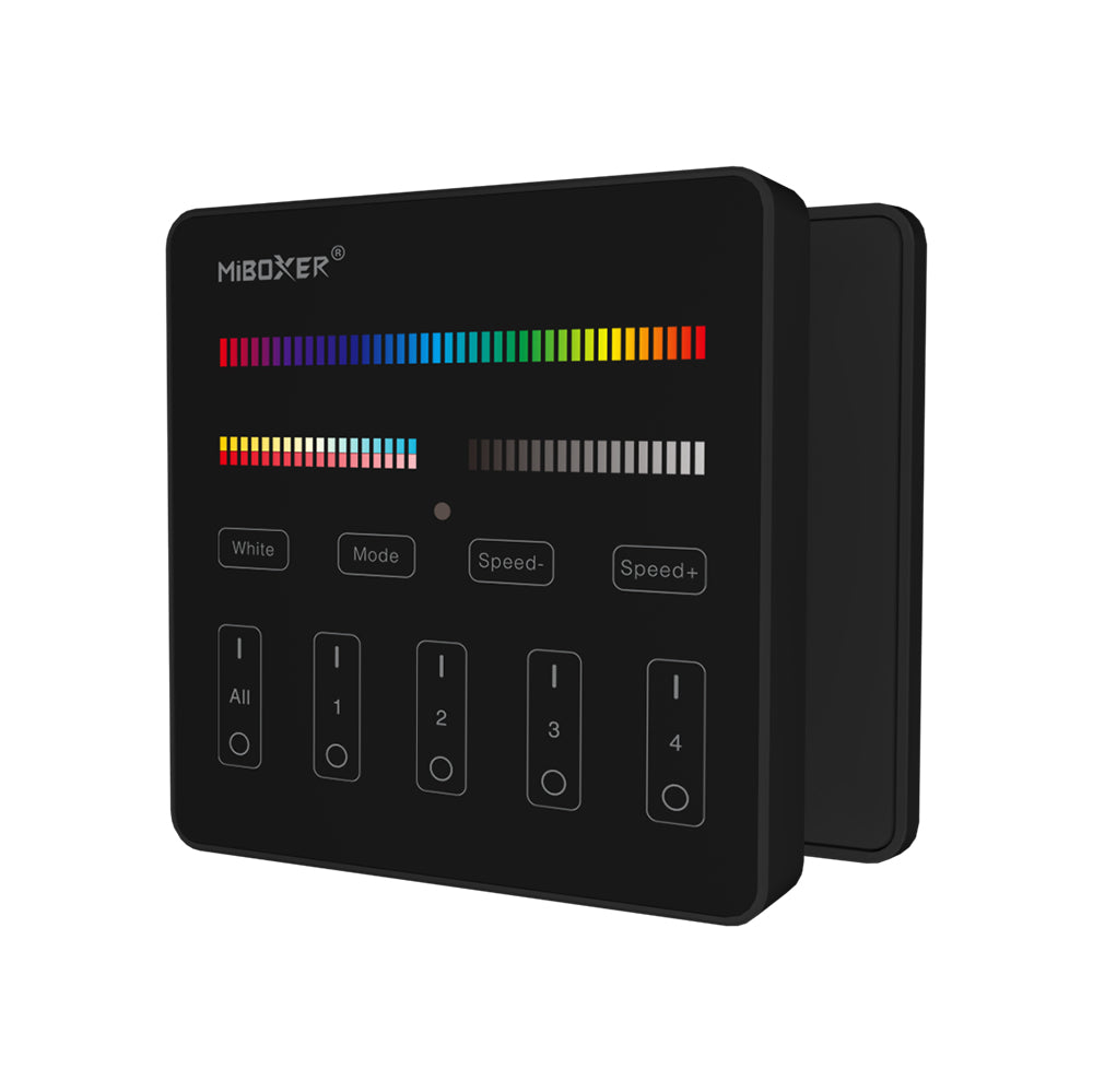 MiBoxer B4-B Wand-Funkfernbedienung 4 Zonen, RGB+CCT, in Schwarz – Schrägansicht mit Wandhalterung