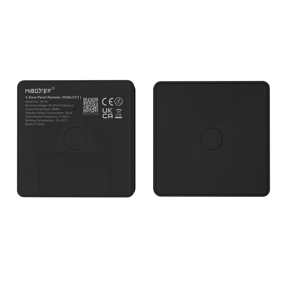 MiBoxer B4-B Wand-Funkfernbedienung 4 Zonen, RGB+CCT, in Schwarz – Rückseite mit Typenschild und Wandplatte