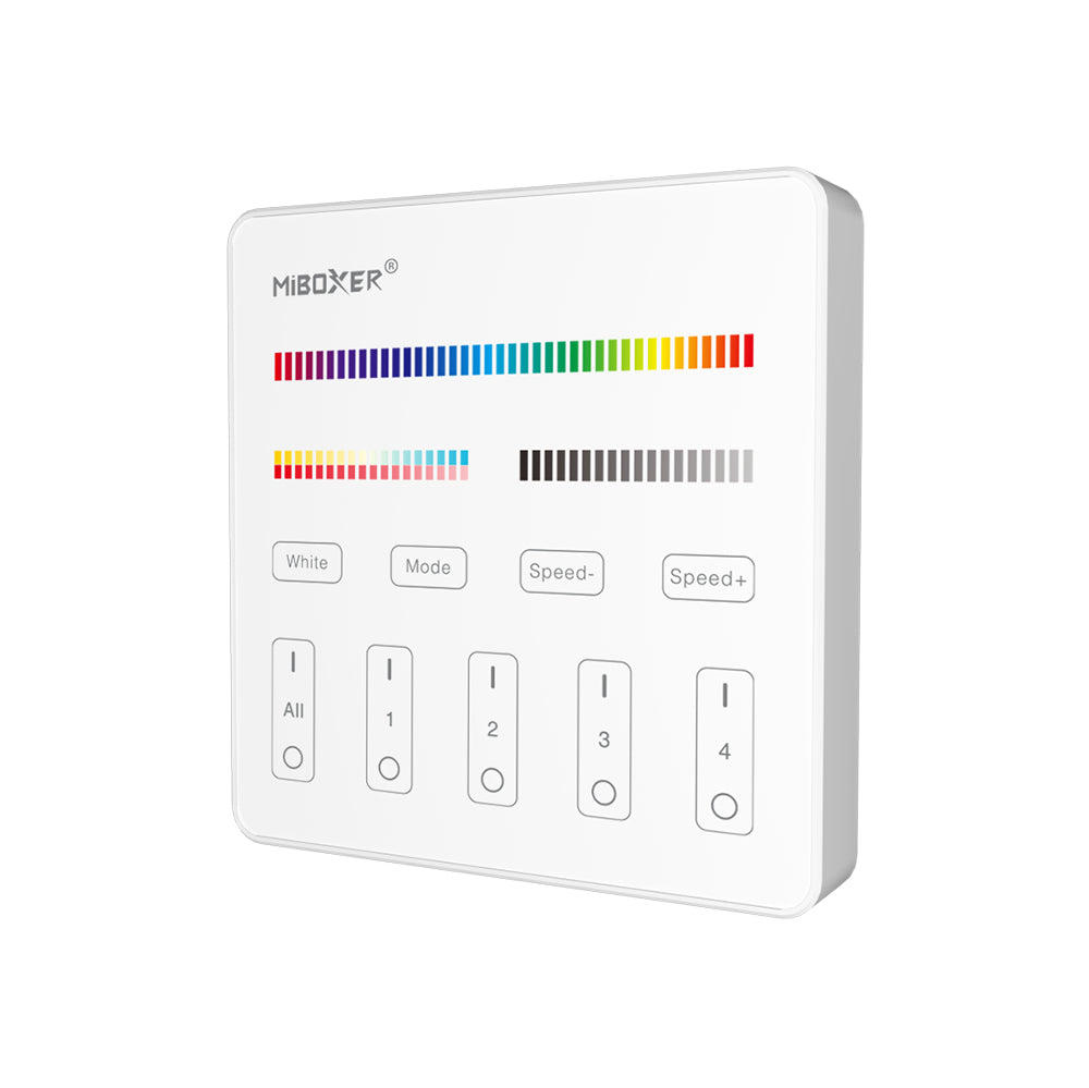 MiBoxer B4 Wand-Funkfernbedienung 4 Zonen, RGB+CCT, in Weiß – Schrägansicht