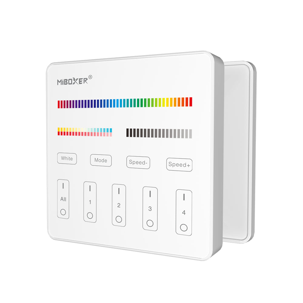 MiBoxer B4 Wand-Funkfernbedienung 4 Zonen, RGB+CCT, in Weiß – Schrägansicht mit Wandhalterung