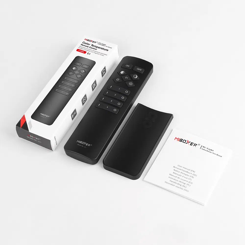 MiBoxer C1 Funkfernbedienung 4 Zonen, CCT, in Schwarz – Lieferumfang mit Verpackung, Magnethalter und Anleitung