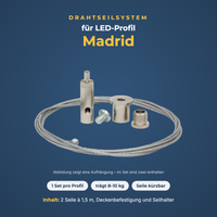 Drahtseilsystem für LED-Profil Madrid – Set mit 2 Seilen à 1,5 m, trägt 8–10 kg