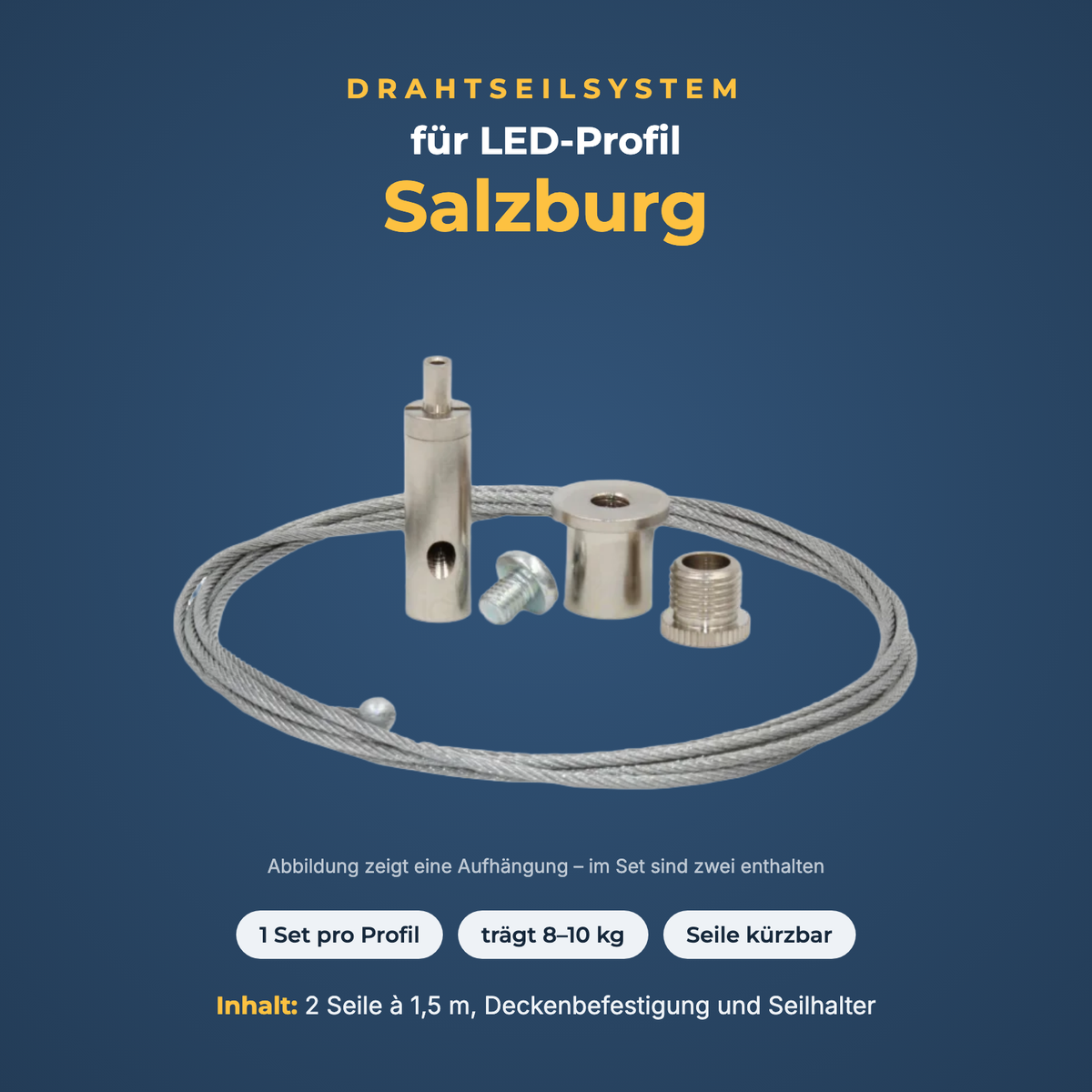 Drahtseilsystem für LED-Profil Salzburg – Set mit 2 Seilen à 1,5 m, trägt 8–10 kg