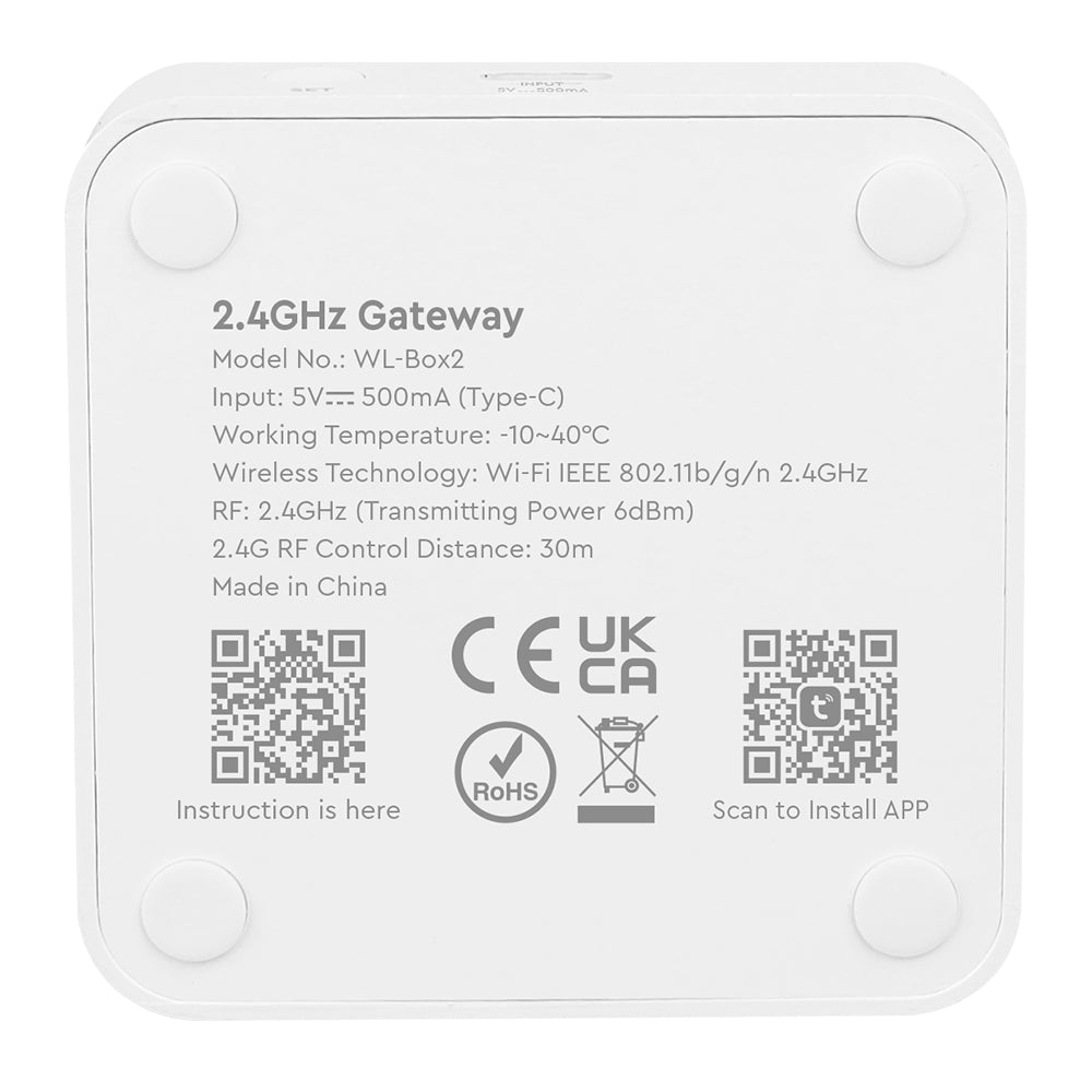 MiBoxer WL-Box2 WLAN-Gateway – Unterseite mit Typenschild und QR-Code zur App