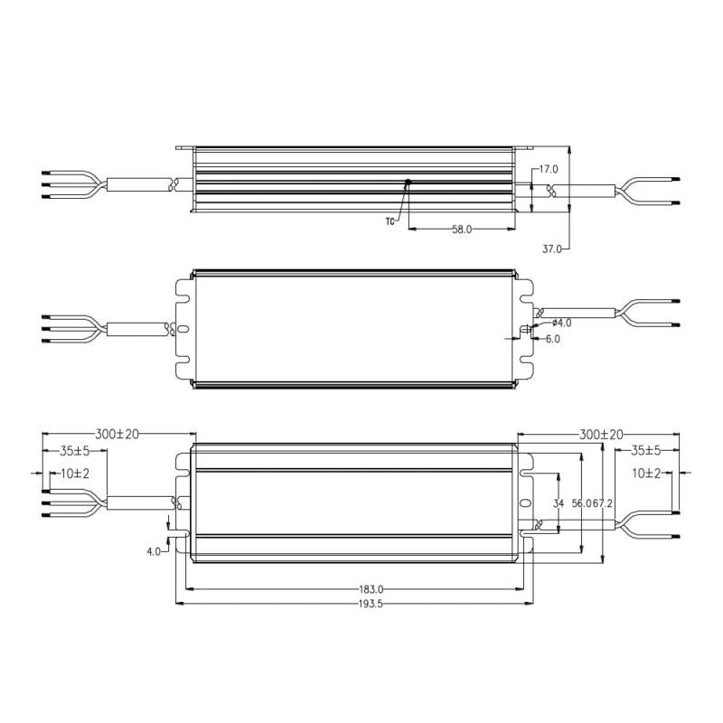 Maßzeichnung LED-Netzteil GV6-240B024: 193,5 × 67,2 × 37 mm, Kabel je ca. 300 mm