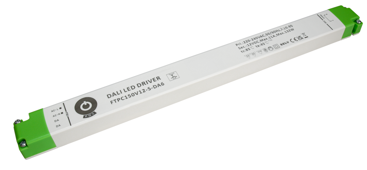 Schmales DALI-Netzteil der Serie FTPC150V-S-DA6 von POS Power – baugleiches Gehäuse, Abbildung zeigt die 12-V-Variante