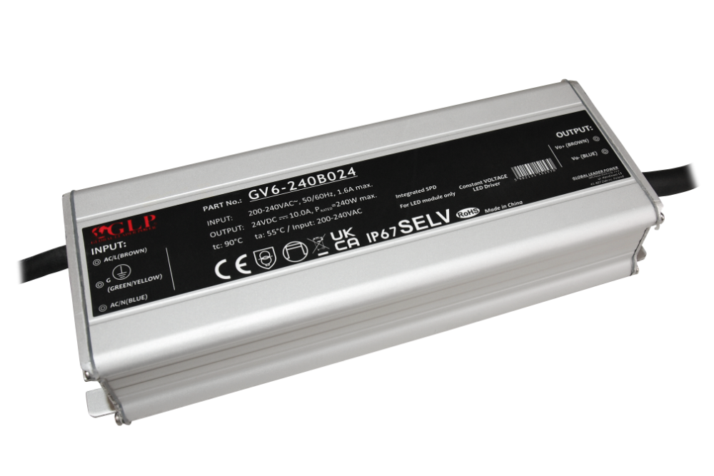 Wasserdichtes LED-Netzteil 24 V 240 W 10 A IP67 im Metallgehäuse von GLP, Modell GV6-240B024
