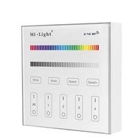 MiBoxer B3 Wand-Funkfernbedienung 4 Zonen, RGBW, in Weiß – Vorderansicht der Mi-Light-Ausführung mit Farb- und Helligkeitsleiste