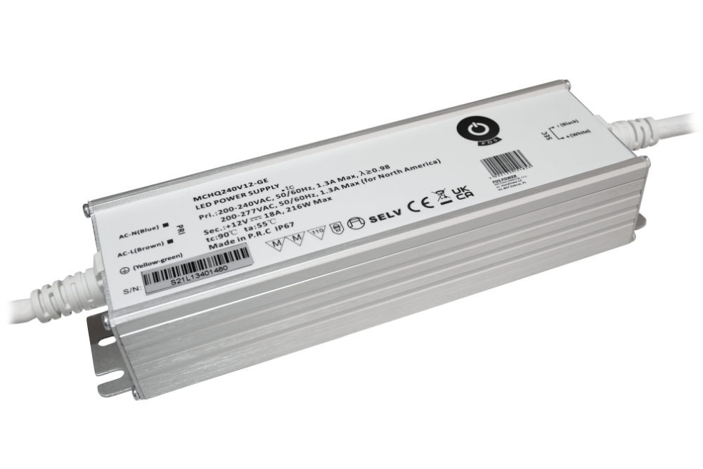 Wasserdichtes LED-Netzteil der Serie MCHQ240V-GE von POS Power im IP67-Metallgehäuse – baugleich, Abbildung zeigt die 12-V-Variante