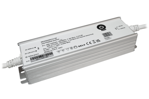 Wasserdichtes LED-Netzteil der Serie MCHQ240V-GE von POS Power im IP67-Metallgehäuse – baugleich, Abbildung zeigt die 12-V-Variante