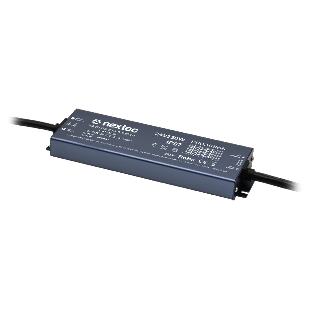 Wasserdichtes LED-Netzteil 24 V 150 W IP67 im flachen Aluminiumgehäuse mit Anschlusskabeln, 202 × 60 × 19 mm