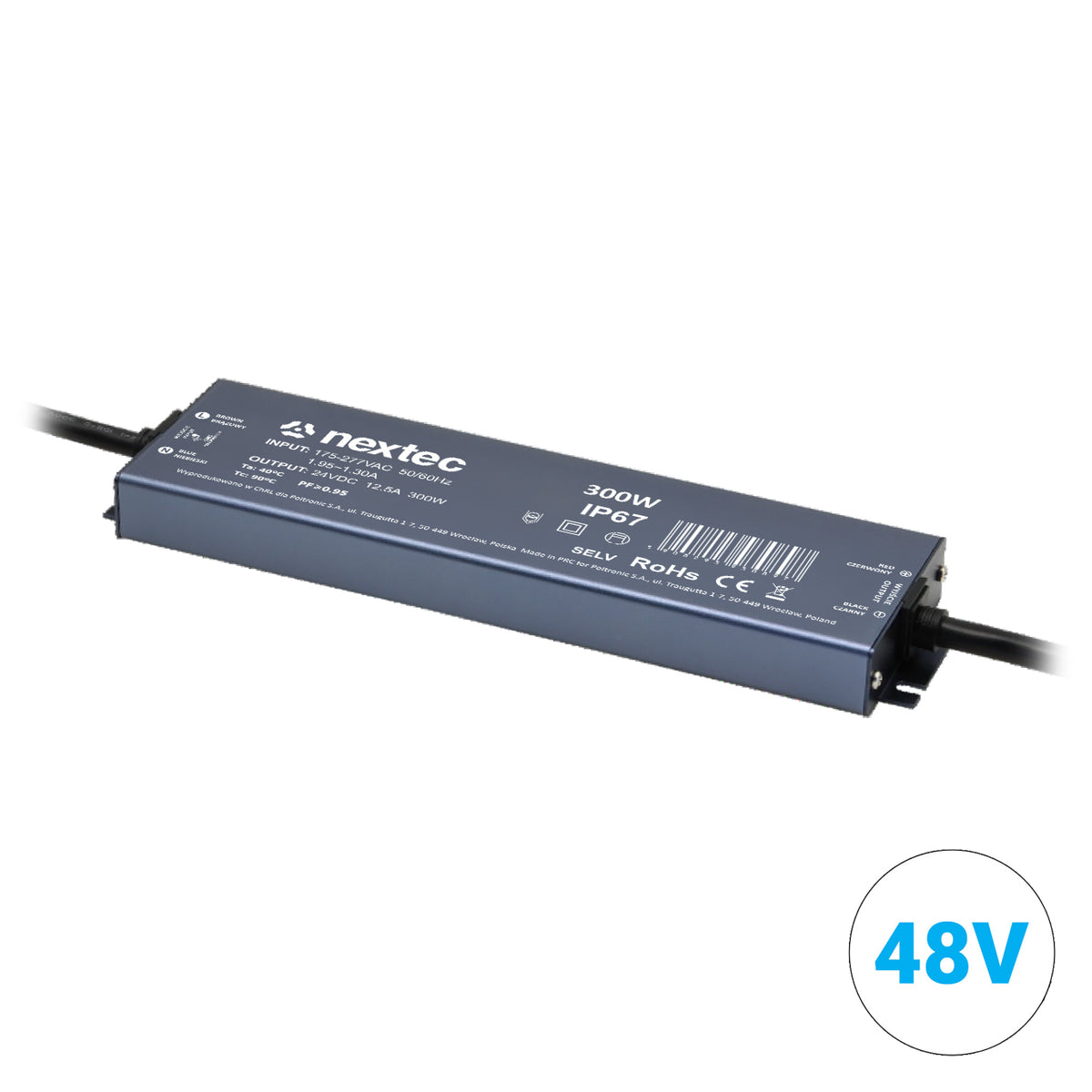 Wasserdichtes LED-Netzteil 48 V 300 W IP67 im flachen Aluminiumgehäuse mit Anschlusskabeln, 282 × 86 × 23,5 mm