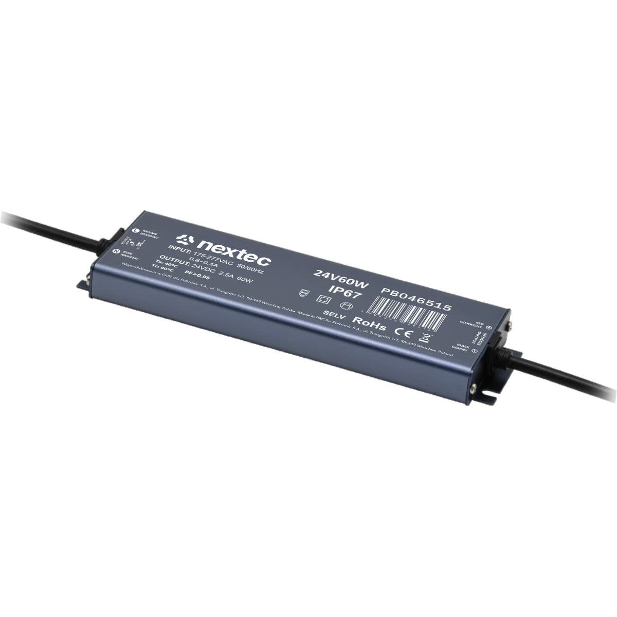 Wasserdichtes LED-Netzteil 24 V 60 W IP67 im flachen Aluminiumgehäuse mit Anschlusskabeln, 202 × 48 × 19 mm