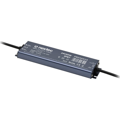 Wasserdichtes LED-Netzteil 24 V 60 W IP67 im flachen Aluminiumgehäuse mit Anschlusskabeln, 202 × 48 × 19 mm