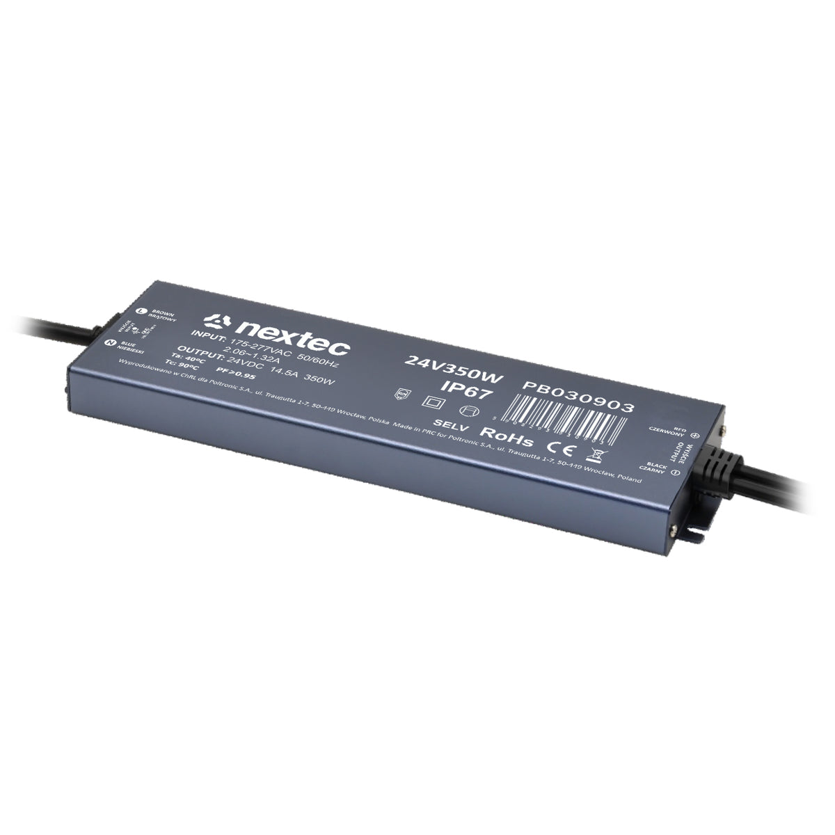 Wasserdichtes LED-Netzteil 24 V 350 W IP67 im flachen Aluminiumgehäuse mit Anschlusskabeln, 282 × 86 × 23,5 mm