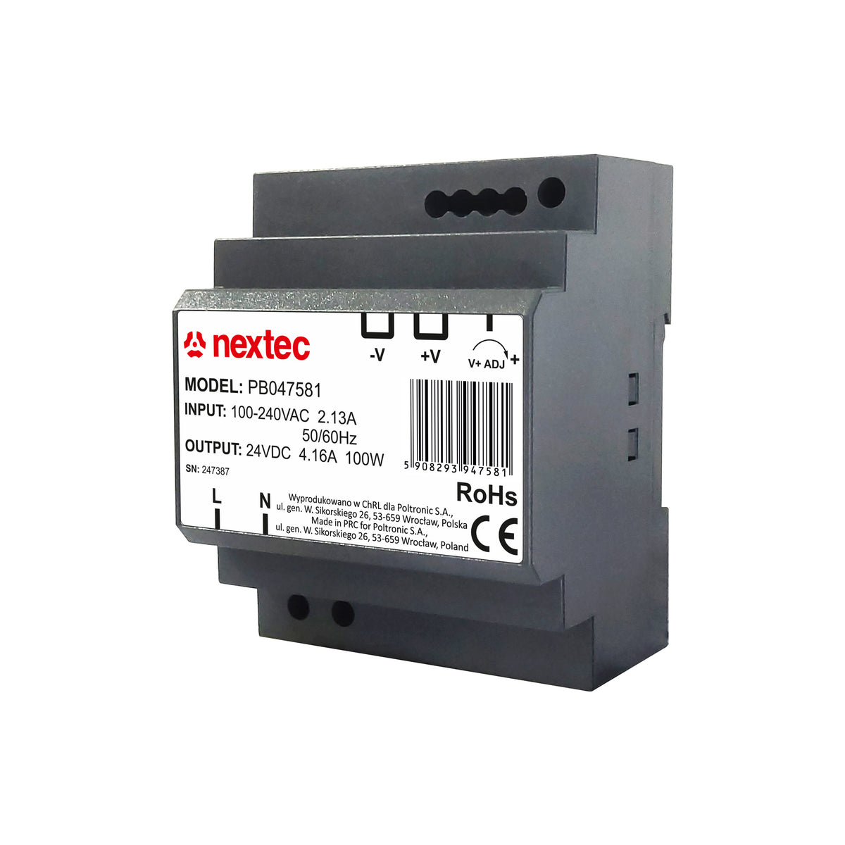 Hutschienen-Netzteil 24 V 100 W für DIN-Schiene TS35, 4 TE, mit Schraubklemmen