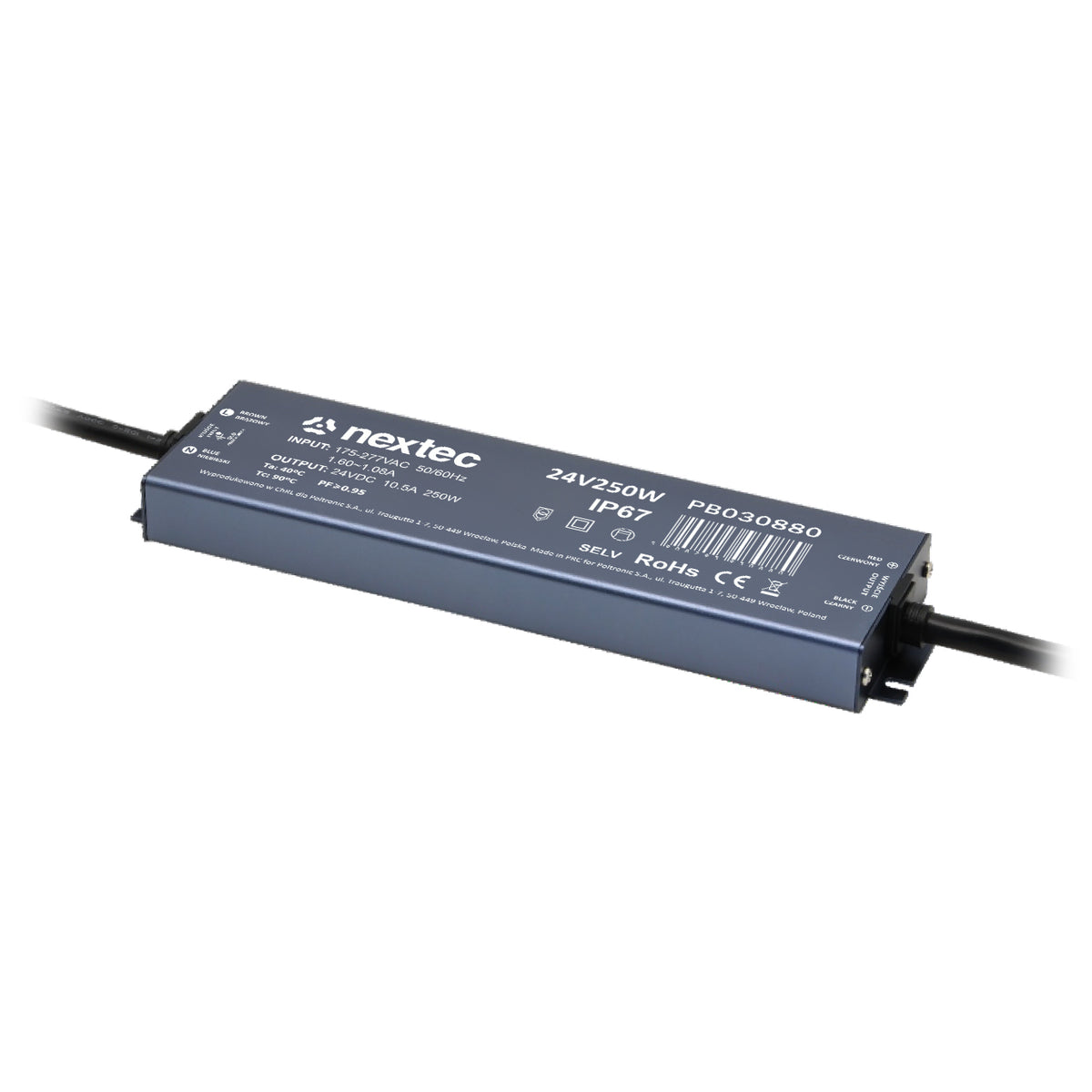 Wasserdichtes LED-Netzteil 24 V 250 W IP67 im flachen Aluminiumgehäuse mit Anschlusskabeln, 242 × 67 × 22,8 mm