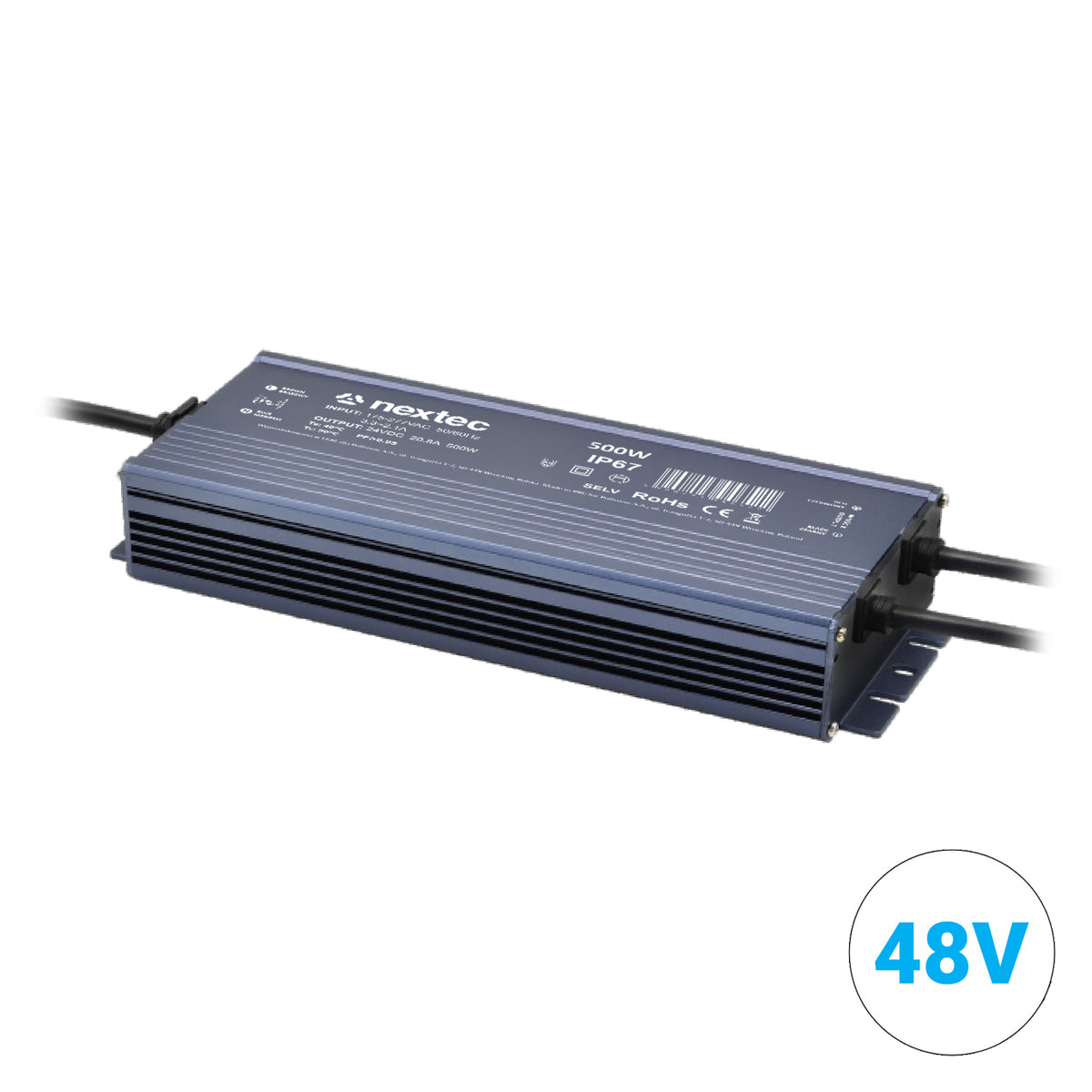 Wasserdichtes LED-Netzteil 48 V 500 W IP67 im flachen Aluminiumgehäuse mit Anschlusskabeln, 272 × 92 × 38 mm