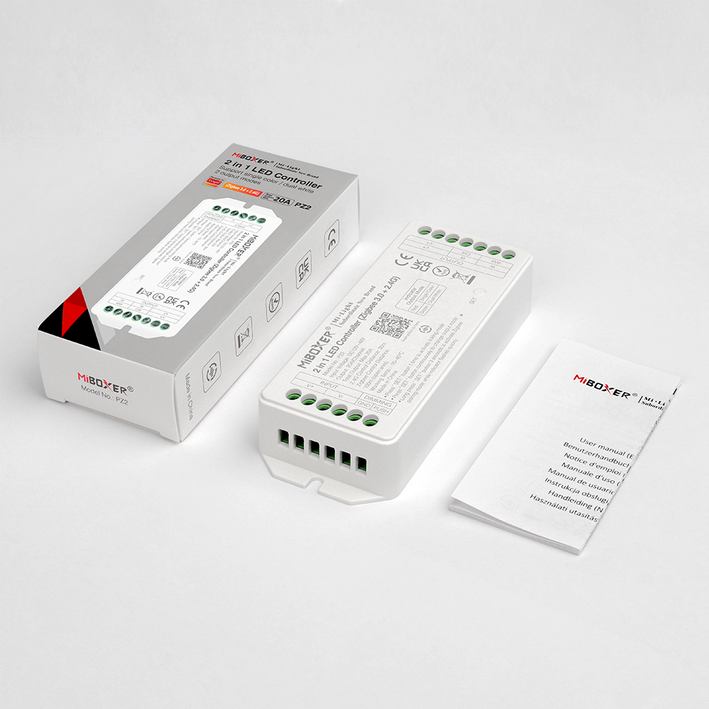 MiBoxer PZ2 Zigbee-LED-Controller 2-in-1 – Lieferumfang mit Verpackung und Anleitung
