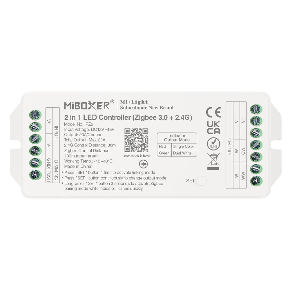 MiBoxer PZ2 Zigbee-LED-Controller 2-in-1 – Draufsicht mit Typenschild und Anschlussklemmen