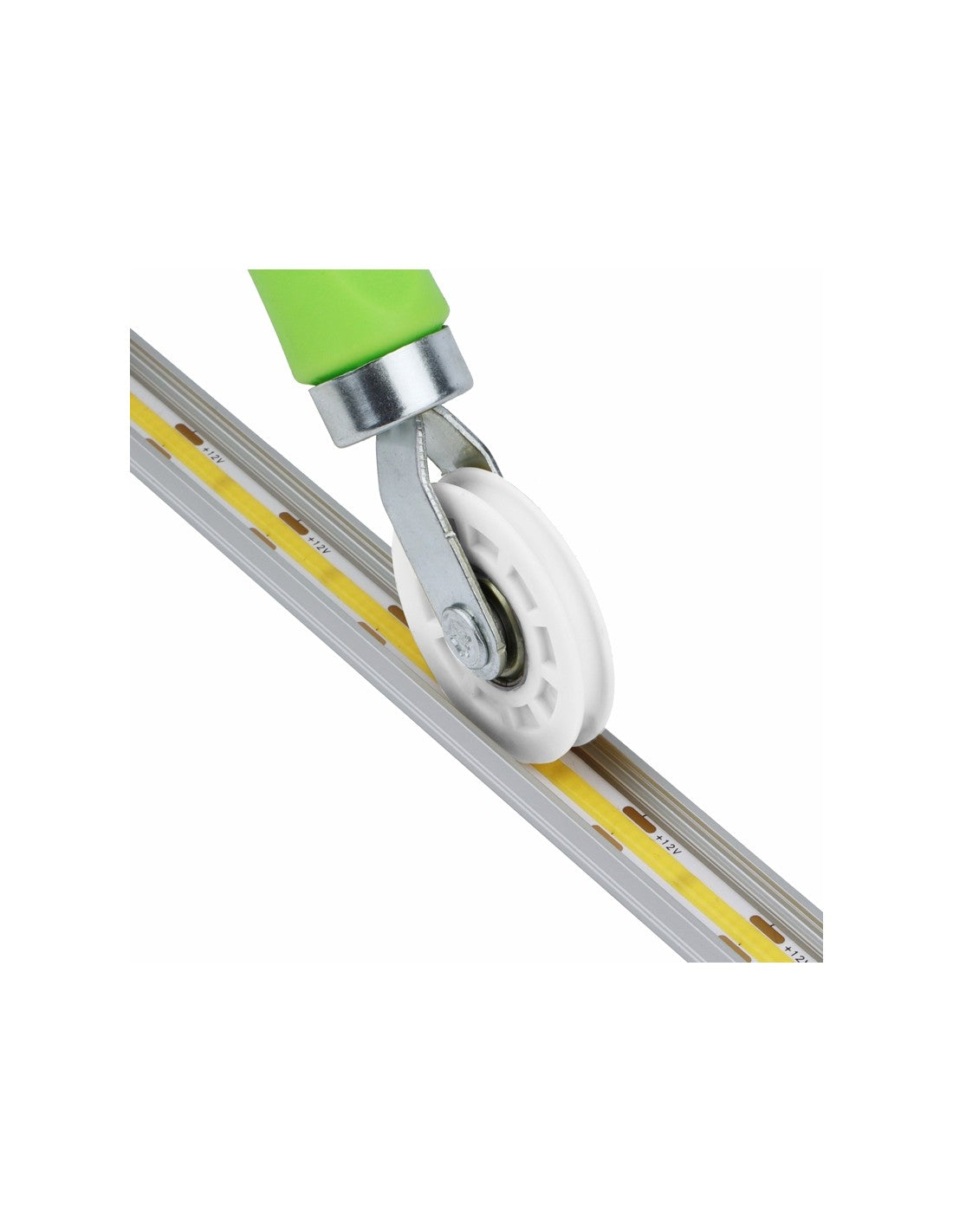 Andrückrolle auf einem COB LED Streifen im Aluprofil, Seitenansicht