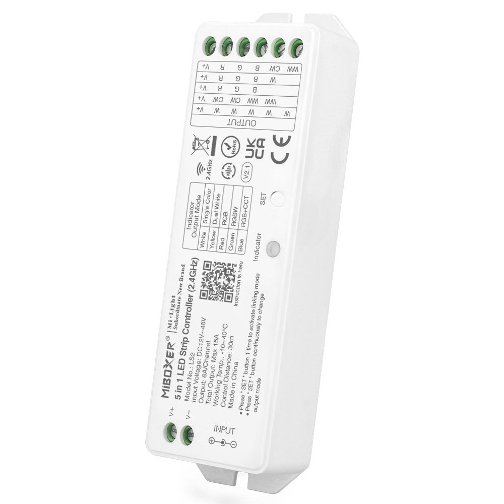 MiBoxer LS2 5-in-1-LED-Controller – senkrechte Ansicht mit Typenschild