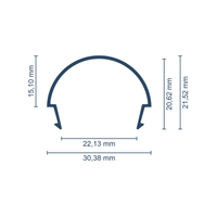 Maßskizze halbrunde Abdeckung für New York und Tokio: Breite 30,38 mm, Höhe 21,52 mm