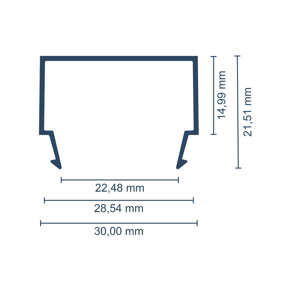 Maßskizze hohe Abdeckung für New York und Tokio: Breite 30 mm, Höhe 21,51 mm