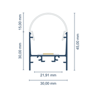 Maßskizze LED-Profil New York mit halbrunder Abdeckung: Gesamthöhe 45 mm, Breite 30 mm
