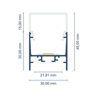 Maßskizze LED-Profil New York mit hoher Abdeckung: Gesamthöhe 45 mm, Breite 30 mm