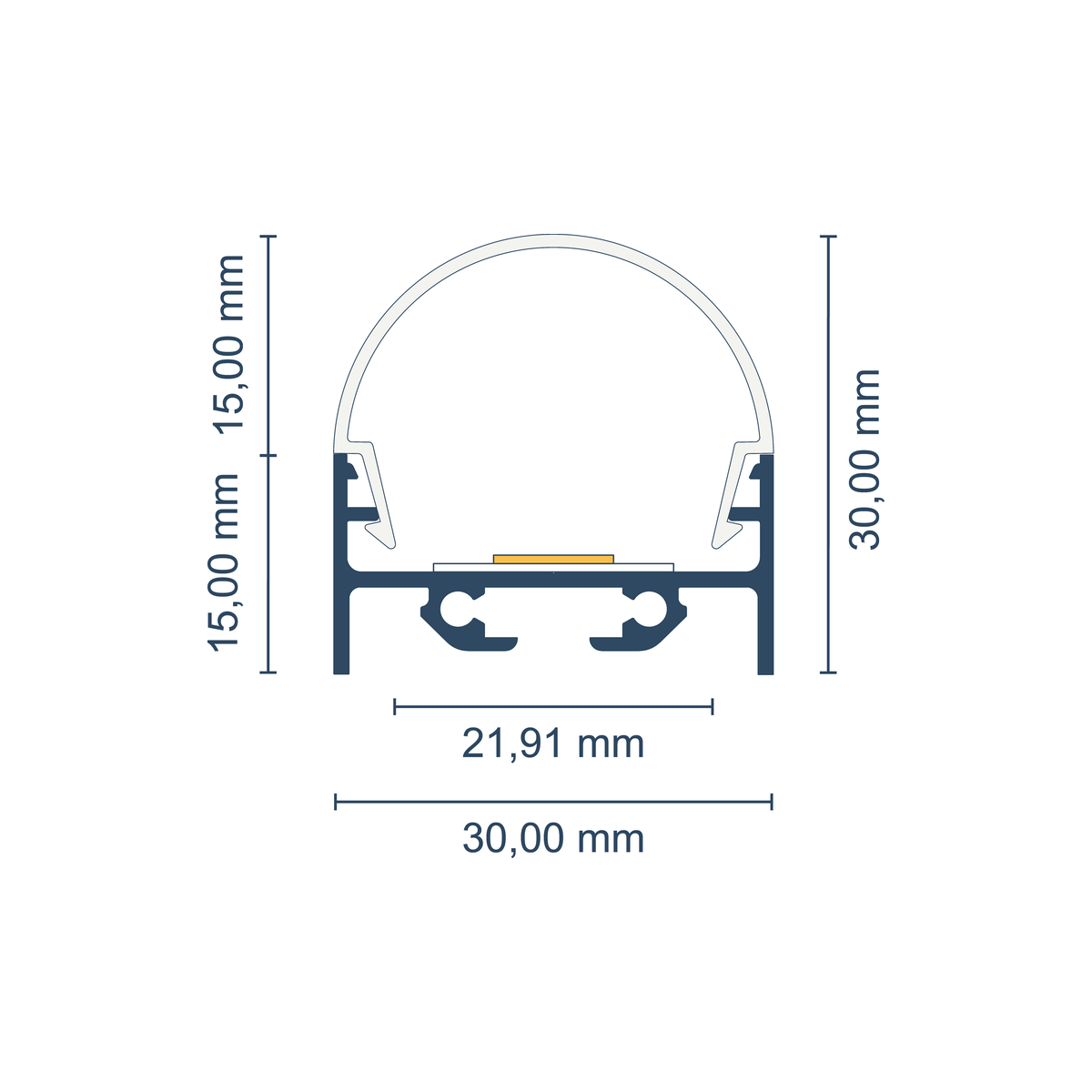 Maßskizze LED-Profil Tokio mit halbrunder Abdeckung: Gesamthöhe 30 mm, Breite 30 mm