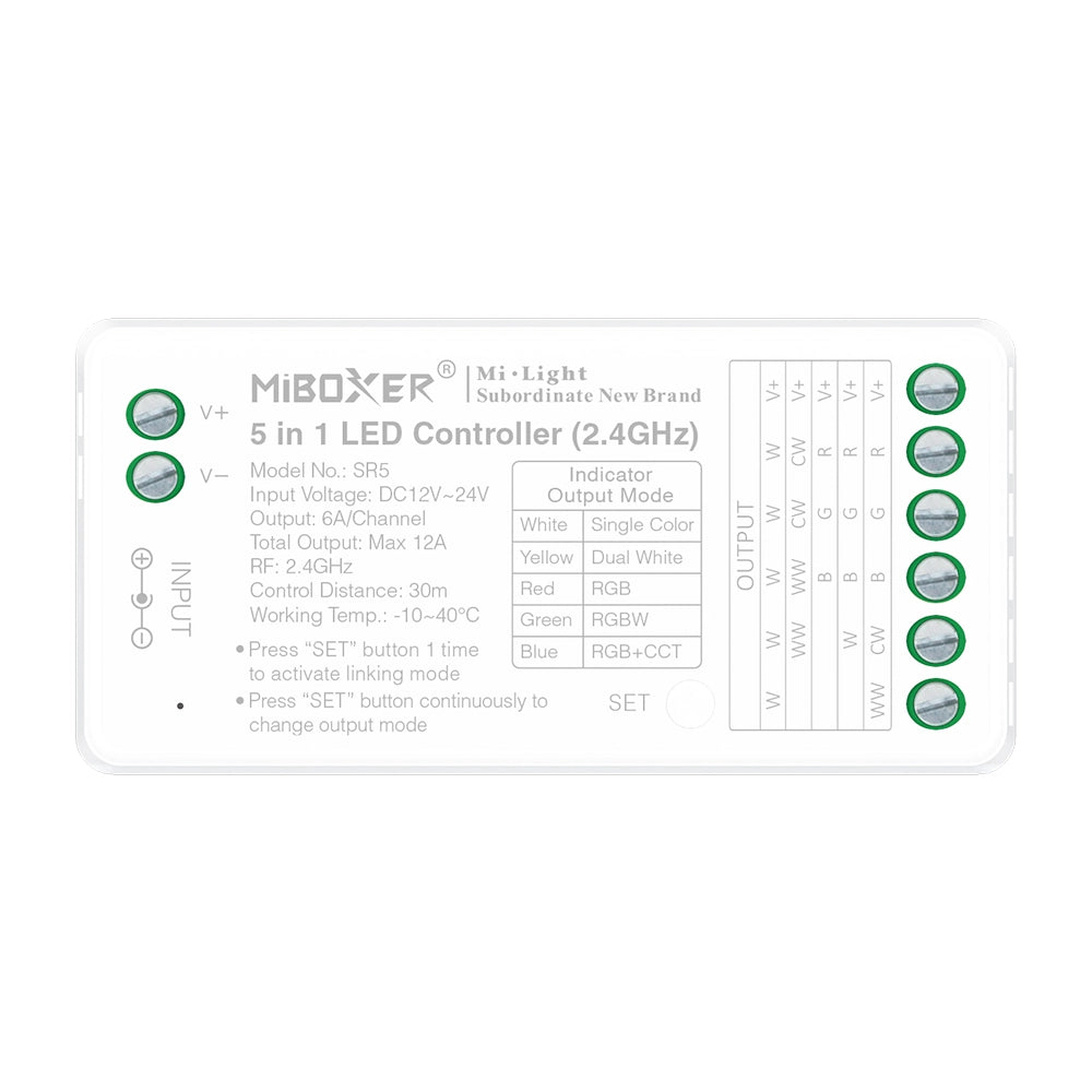 MiBoxer SR5 5-in-1-LED-Controller – Draufsicht mit Typenschild und Anschlussklemmen