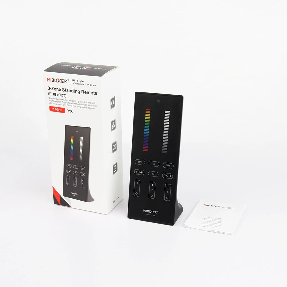 MiBoxer Y3 Tisch-Funkfernbedienung RGB+CCT – Lieferumfang mit Verpackung und Anleitung